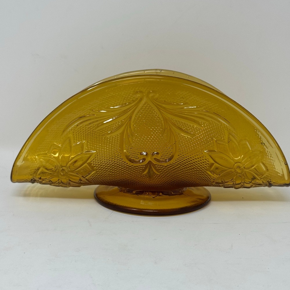 Amber Glass Embossed Fan Shaped Napkin Holder Retro Vintage Kitchen‎ Decor